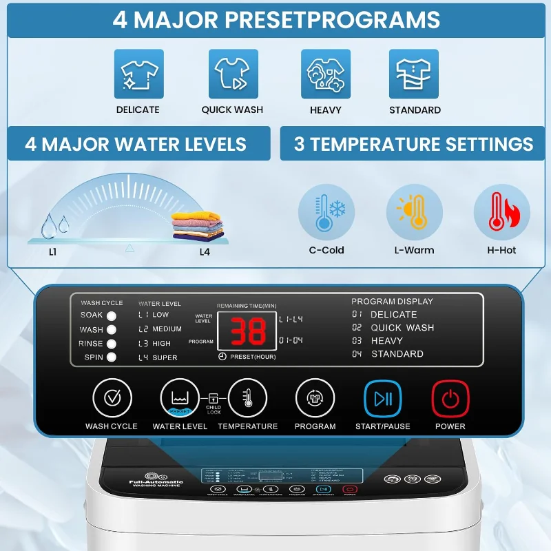 غسالة محمولة من Nictemaw بسعة 20 رطلًا مع مضخة تصريف 2.8Cu.ft غسالة مدمجة أوتوماتيكية بالكامل