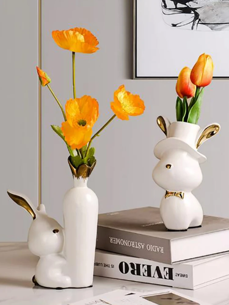 

European Ceramic Rabbit Vase White Animal Ornament Flower Arrangement Hydroponic Container Living Room Dining Table Flower Vase