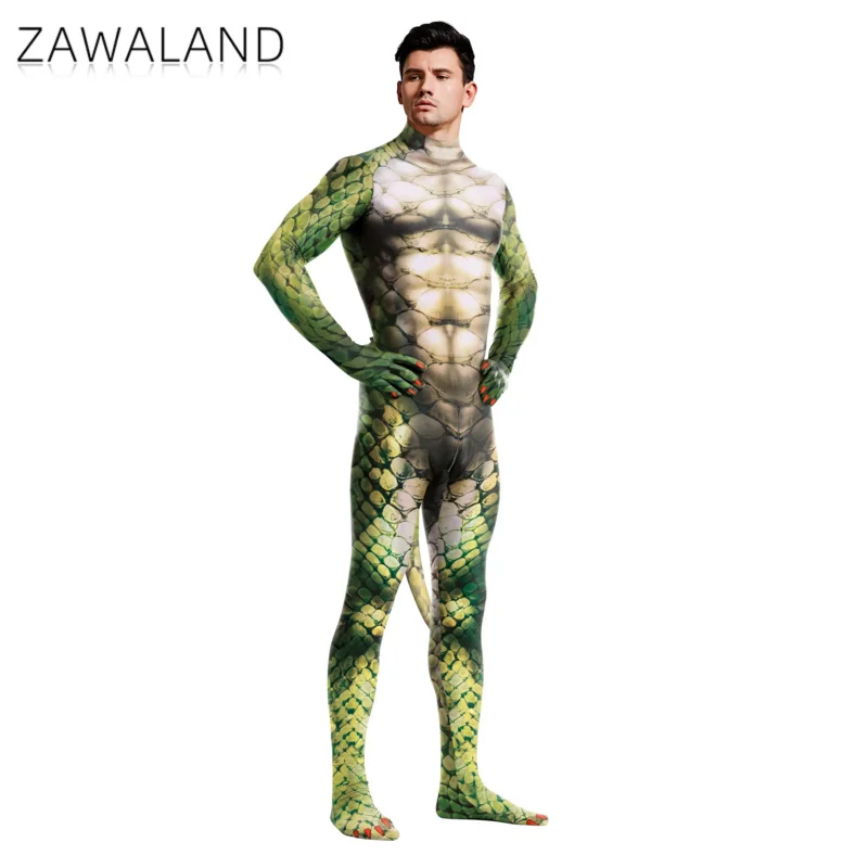 Zawaland Snake Costume with Tail Halloween Cosplay Petsuit for Man Crotch Zipper Carnival Catsuit Holiday Zentai Bodysuit Outfit