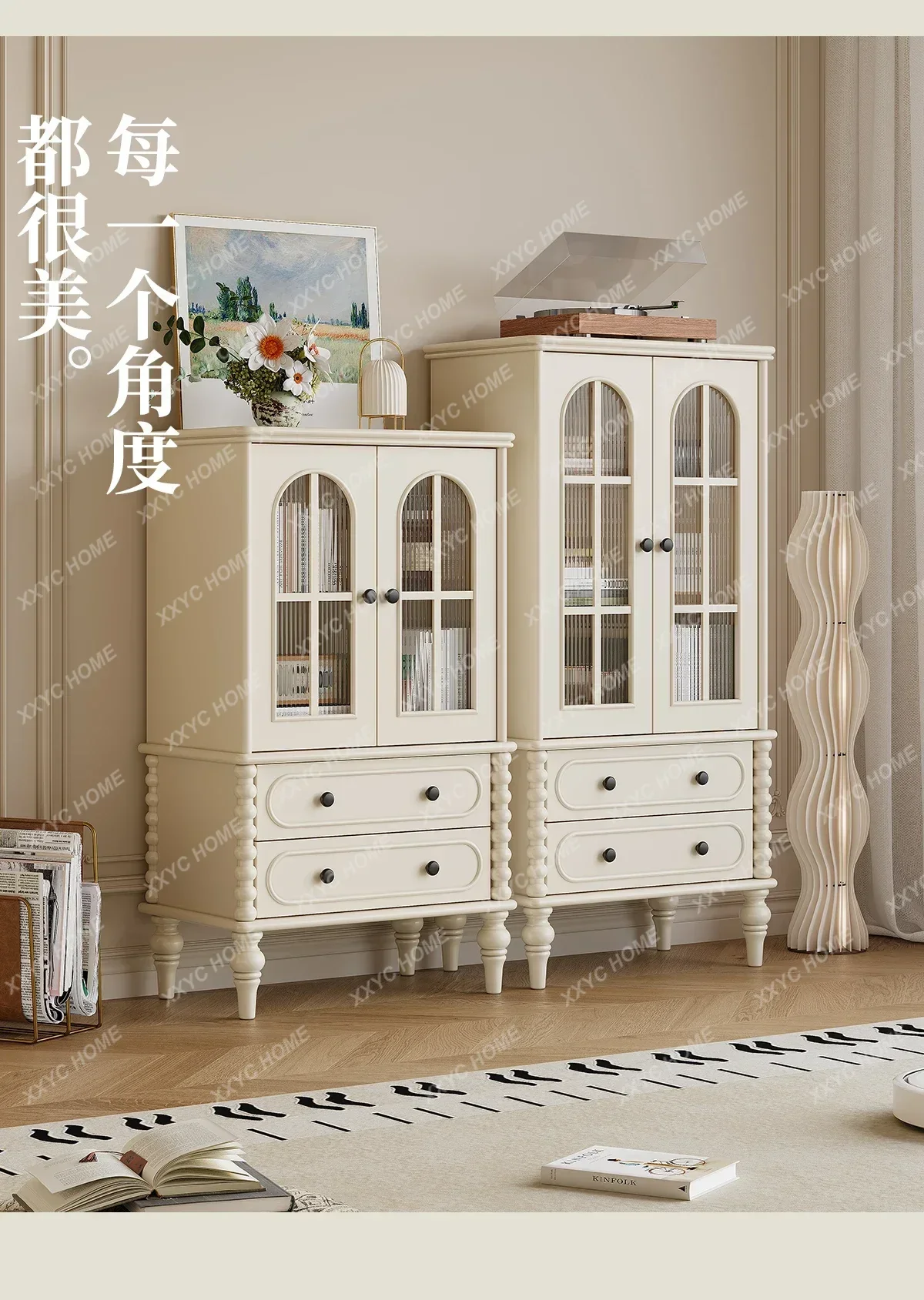 

cream wind solid wood high and low cabinet combination household white storage locker living room wall wine cabinet