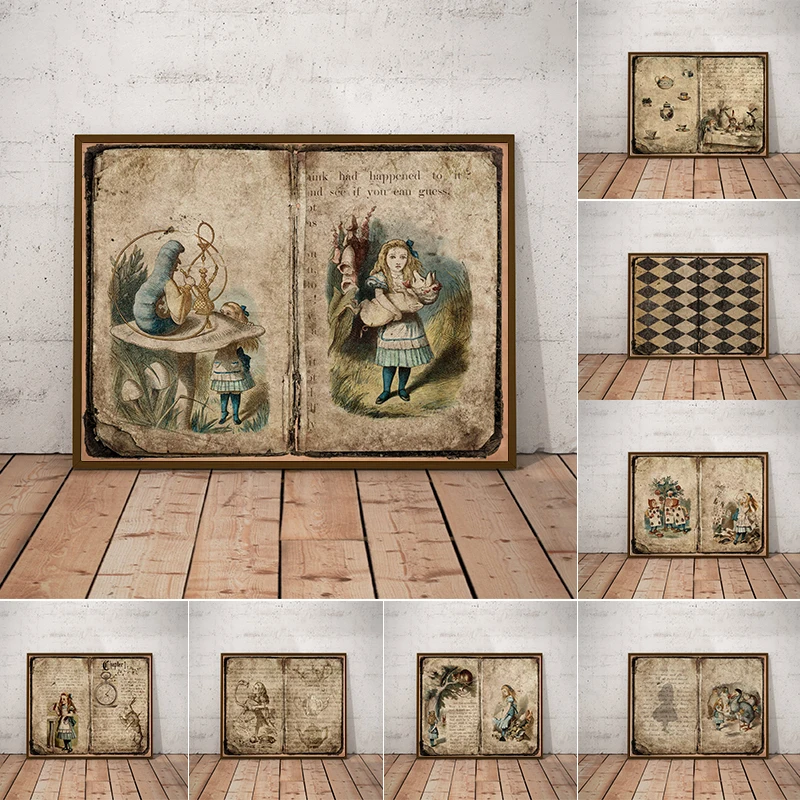 Pósteres Vintage de páginas de diario basura de Alicia en el país de las Maravillas, impresión artística Retro de cuentos de hadas de Alicia, pintura en lienzo para pared, decoración para habitación de niños