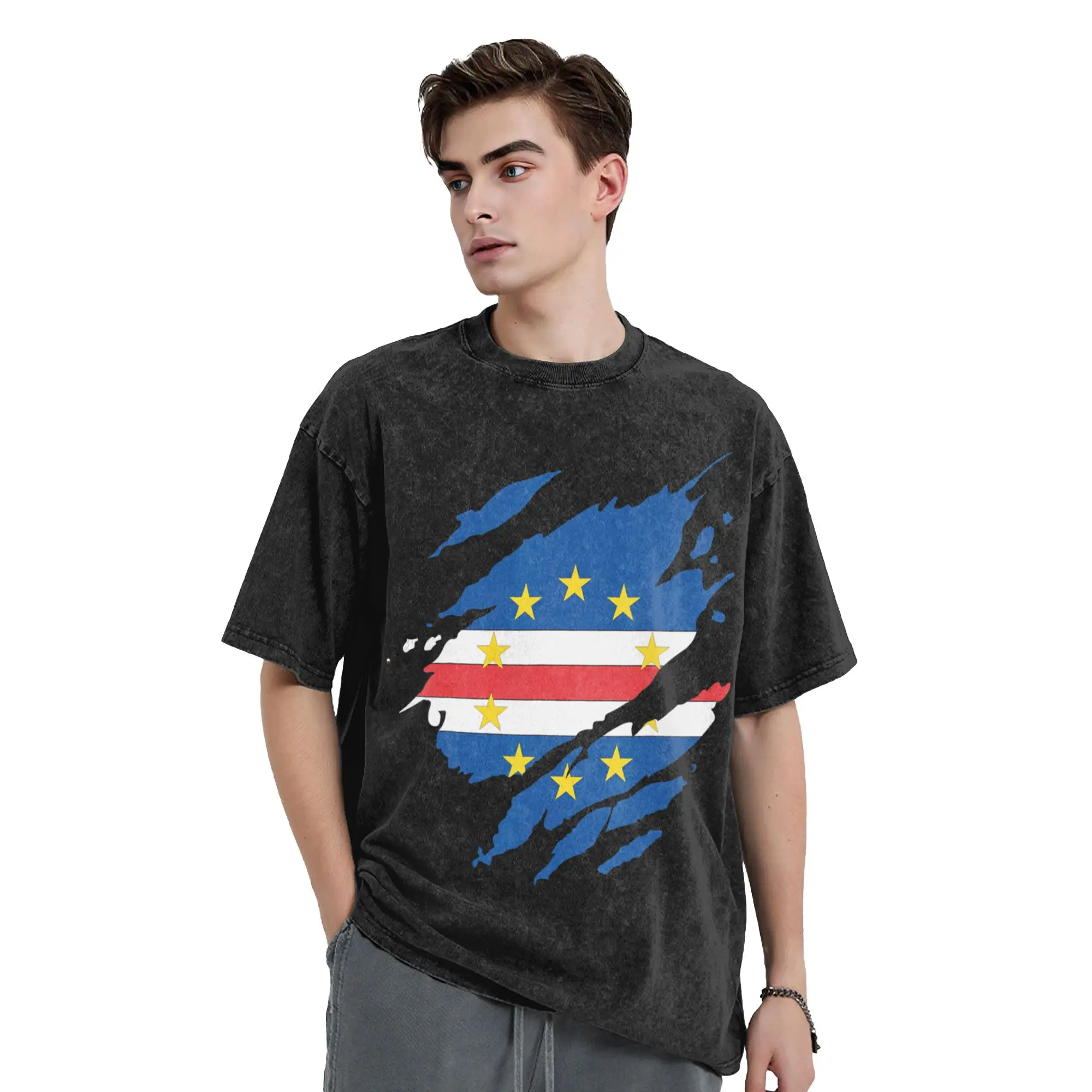 Cape Verde Flag Cabo Verde Washed T Shirt Streetwear  Novelty T-Shirts  Tee Shirt Men Women Cotton Oversize Printed