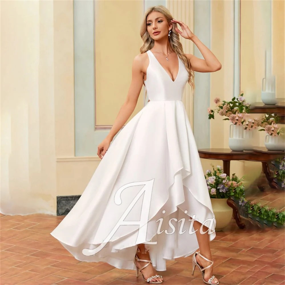 Abiti da sposa a-line personalizzati con scollo a V senza maniche Abiti da sposa asimmetrici in raso per donna Abito da sposa Abiti da sposa