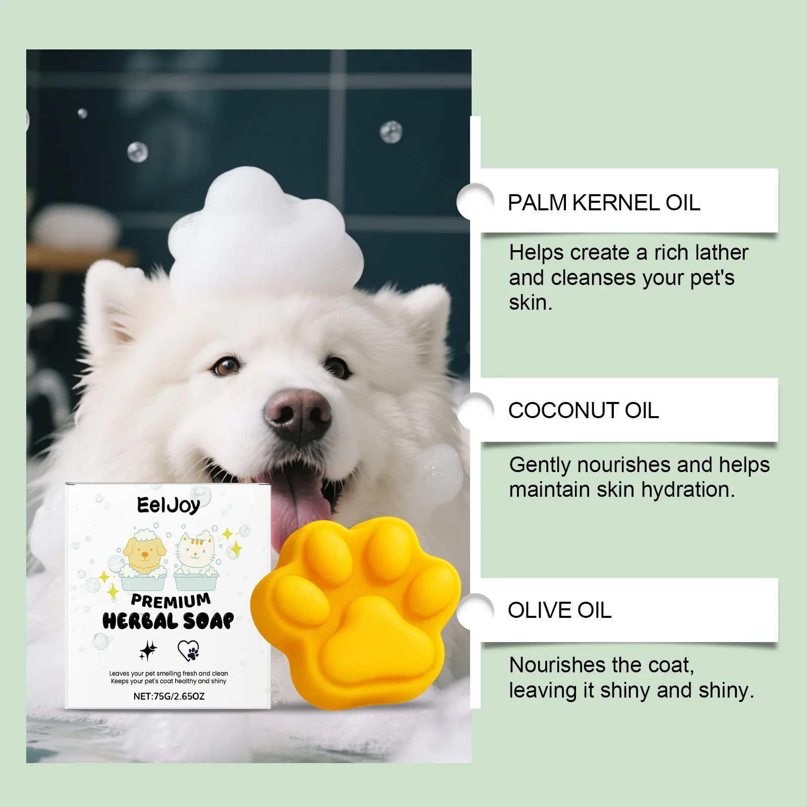 Pet soap with plant-based ingredients for daily cleaning of cats and dogs, hair removal, odor removal, and fresh soap