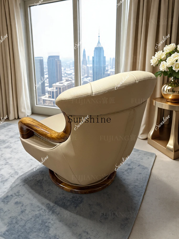 Modern new Chinese ebony leather single rotating leisure sofa chair living room balcony bedroom  FT