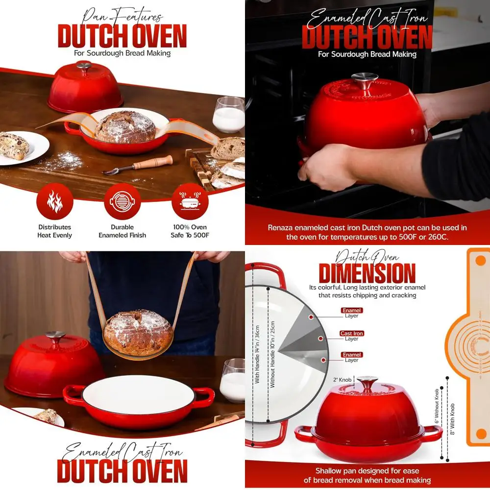 Olla de hierro fundido esmaltado de 10 pulgadas - Perfecta para pan de masa madre, hornear pan, guisos y más, con 5 cuchillas para hornear y espátula de silicona