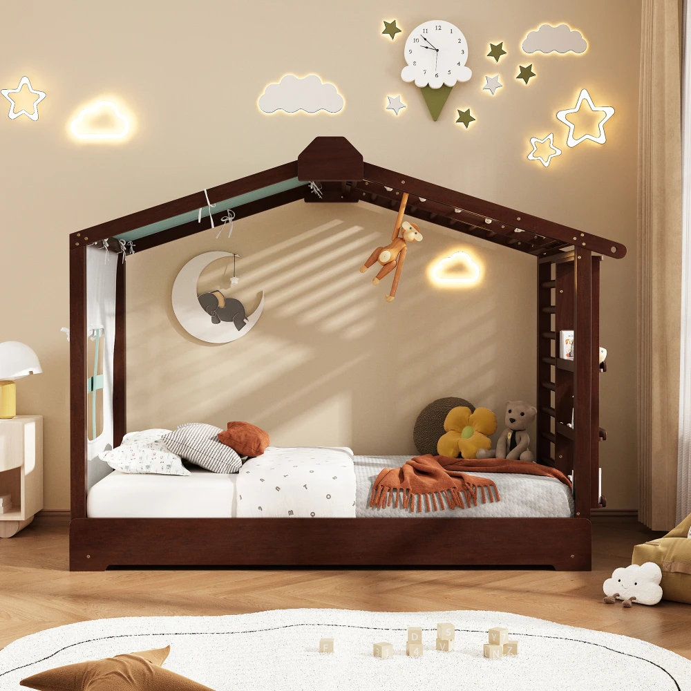 Twin Size House Bed with Twin Pull Out Trundle, Fabric Tent and Roll Up Curtains, Kids Platform Bed Frame with Side Storage Shelves, Decorative Roof and Wood Slats, No Box Spring Needed, Espresso