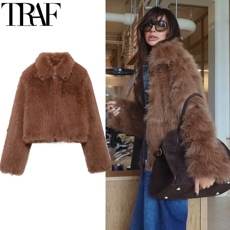 TRAF Womens Coats Winter Furry Faux Fur Coat Women Autumn Zipper Brown Fluffy Jacket Warm Plush Short Fake Fur Coat Parkas