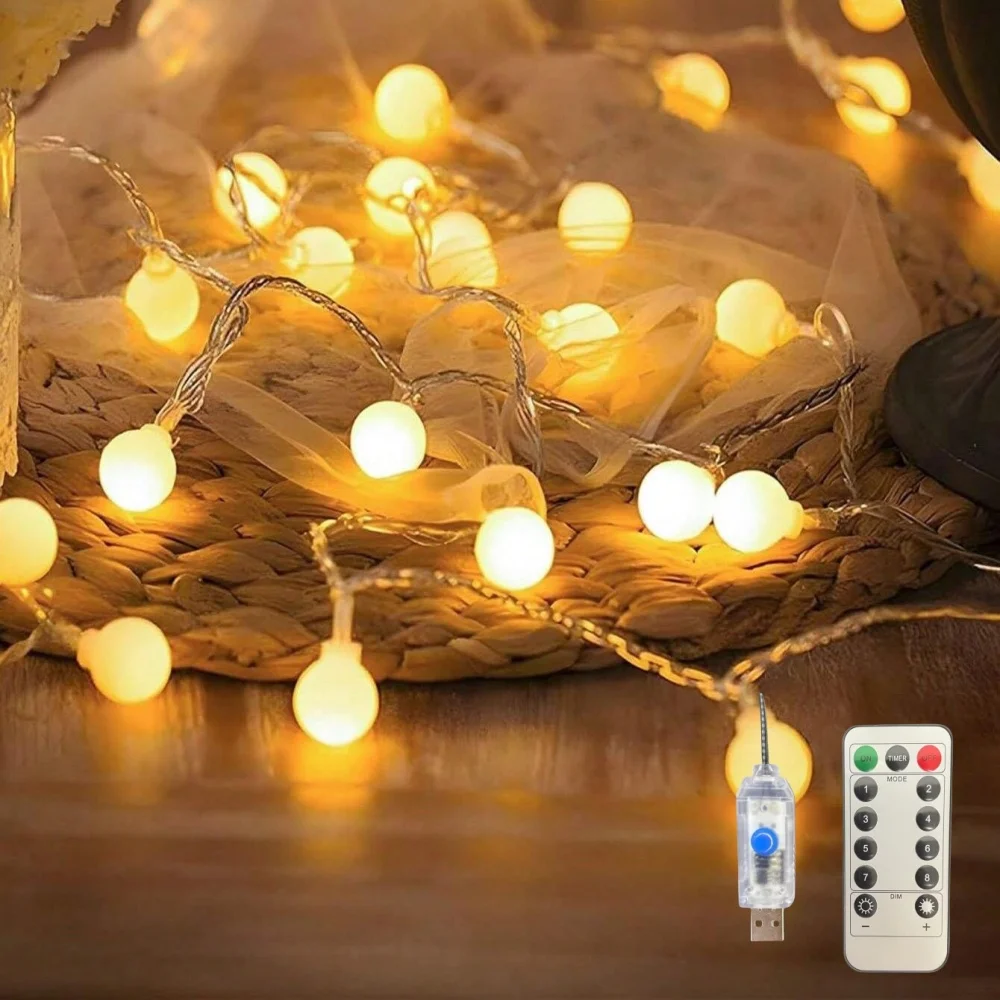 10M100LED 8-Mode White Ball Light String, USB Powered, With Remote Control, Suitable For Bedroom, Camping, Party Decoration