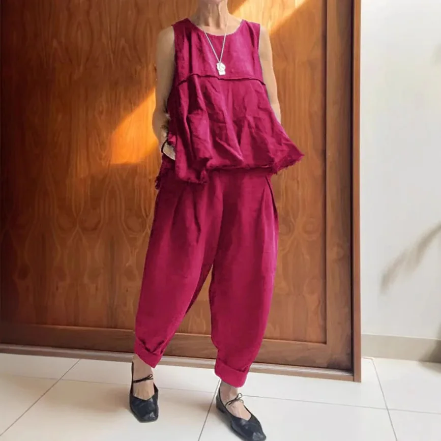 Eleganckie komplety damskie, letnie, nowe, bez rękawów, bawełniano-lniane, dwuczęściowe spodnie, zestaw codzienny, duże komplety.