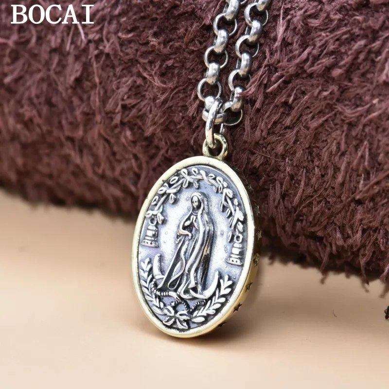 

BOCAI New S925 Silver Vintage Personality Gold Cross Oval Maria Pendant Male and Female