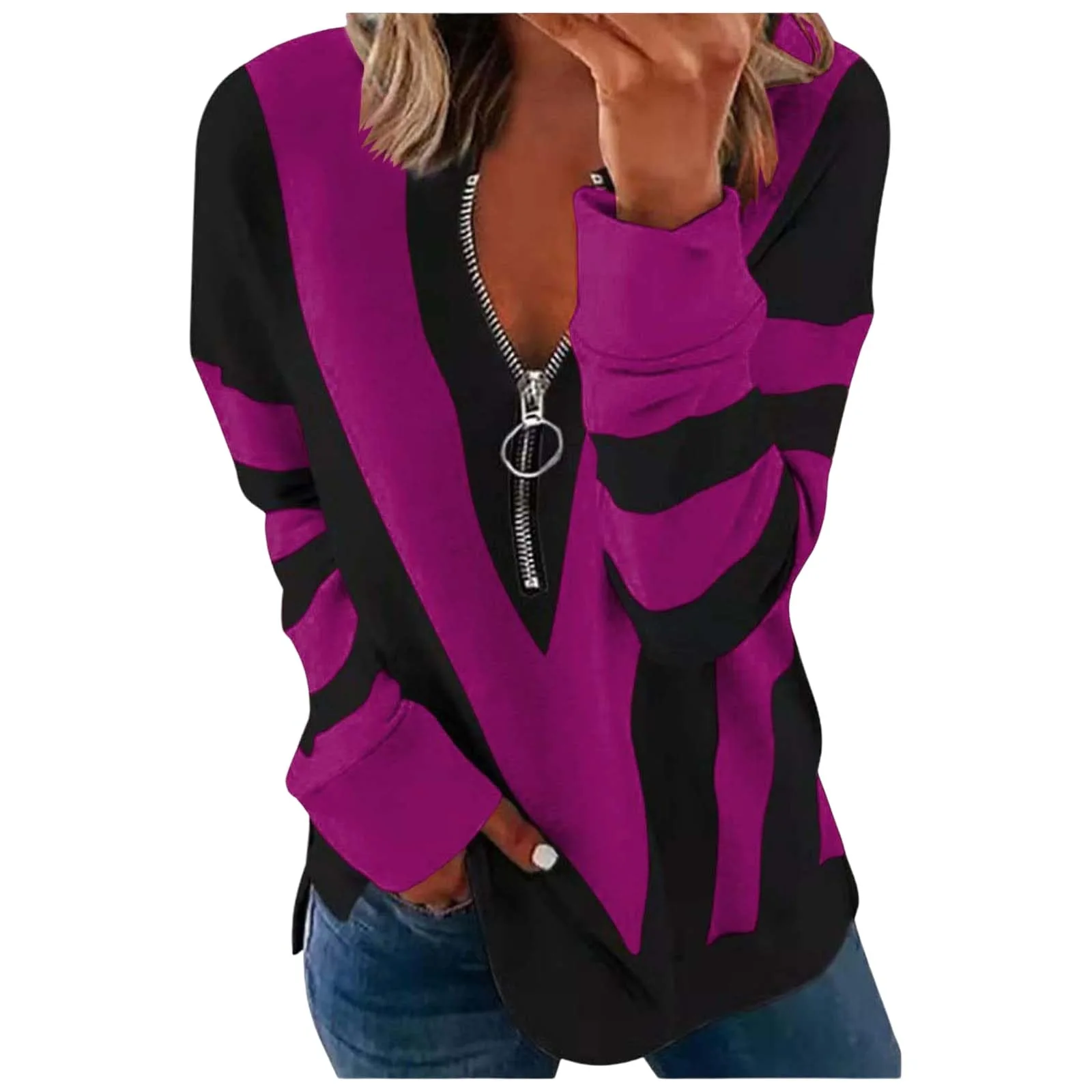 Women's Autumn New Round Neck Stripe Splicing Cross Border Casual Zipper High End Fashion T-Shirt Amazon WholesaleWF4