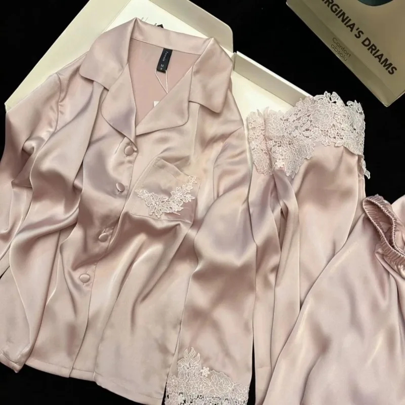 Pantalones de manga larga de otoño de seda de hielo y nieve de gama alta de encaje Jacquard satinado conjunto para el hogar pijamas ligeros de lujo ropa interior delicada