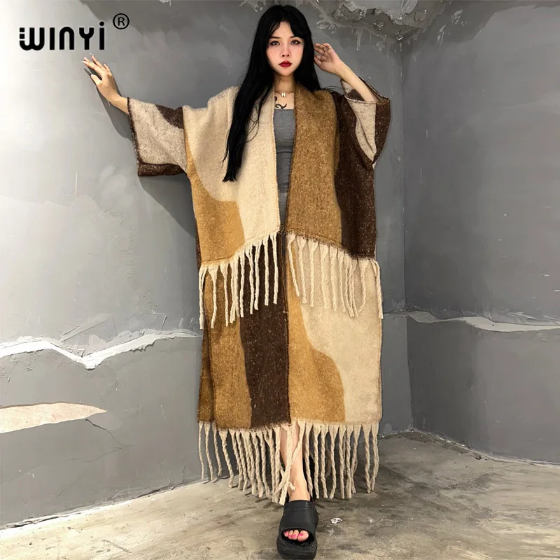 

WINYI 2023 winter coat for women fashion print tassels Luxury Long Fur Loose OverCoat Thick Warm long down coat fashion cardigan
