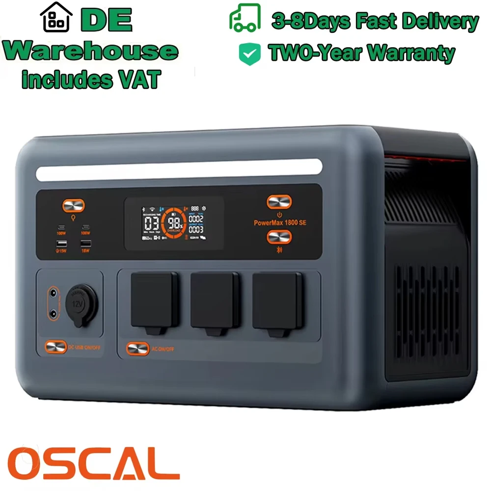 Station d'alimentation portable OSCAL PowerMax1800SE 1024Wh LiFePO4 1800W, générateur solaire pour extérieur et usage domestique