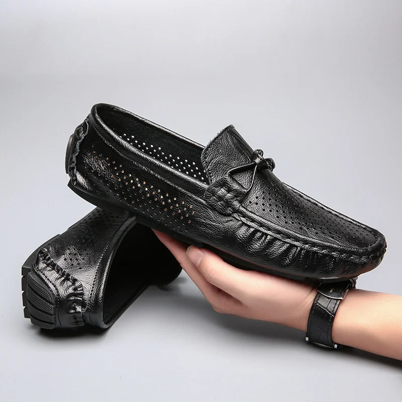 New Summer Men's Business Hollow Leather Shoes Men Casual Boat Male Walking Leisure Fashion Pea Soft Bottom Breathable Loafers