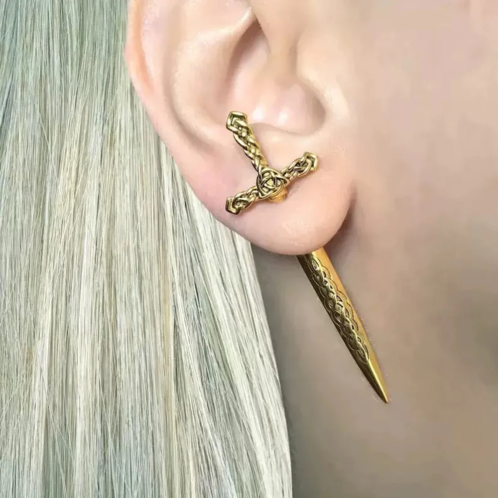 

Retro Goth Cross Long Sword Women's Men Dangle Earrings Luxury Exquisite Dagger Metal Piercing Ear Stud Jewelry Accessories Gift