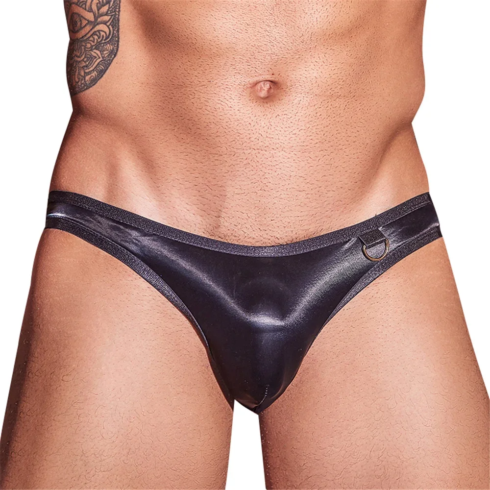 Men's Thin PU Panties Oil Glossy Low Waist G-string Elastic Hollow Out Buttocks Gay Wear Briefs Sexy U Bulge Pouch Gym Thong - Image 6
