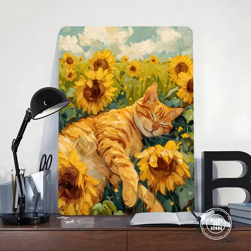 Cat Nap in Sunflower Field Metal Poster Customized Wall Art Retro Vintage Metal Tin Signs for Luxury Decoration Gaming House