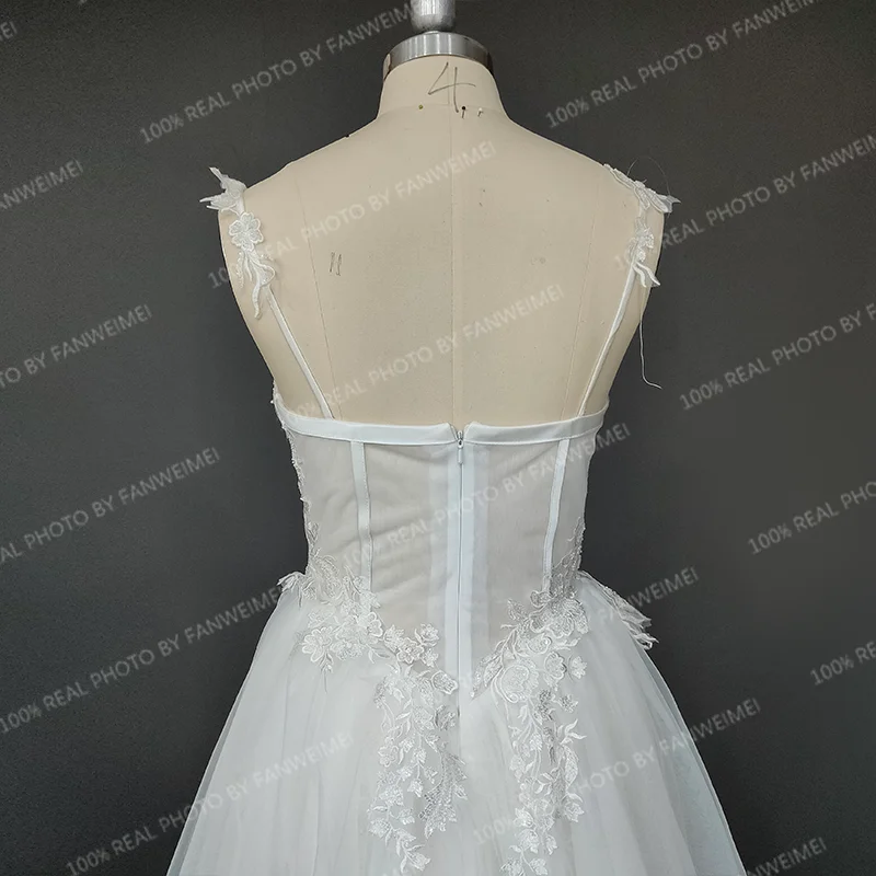 13874 #   Vestido de novia sencillo y personalizado, corte en A, tirantes modernos, apliques de ilusión, vestido de novia con cremallera y espalda descubierta de encaje