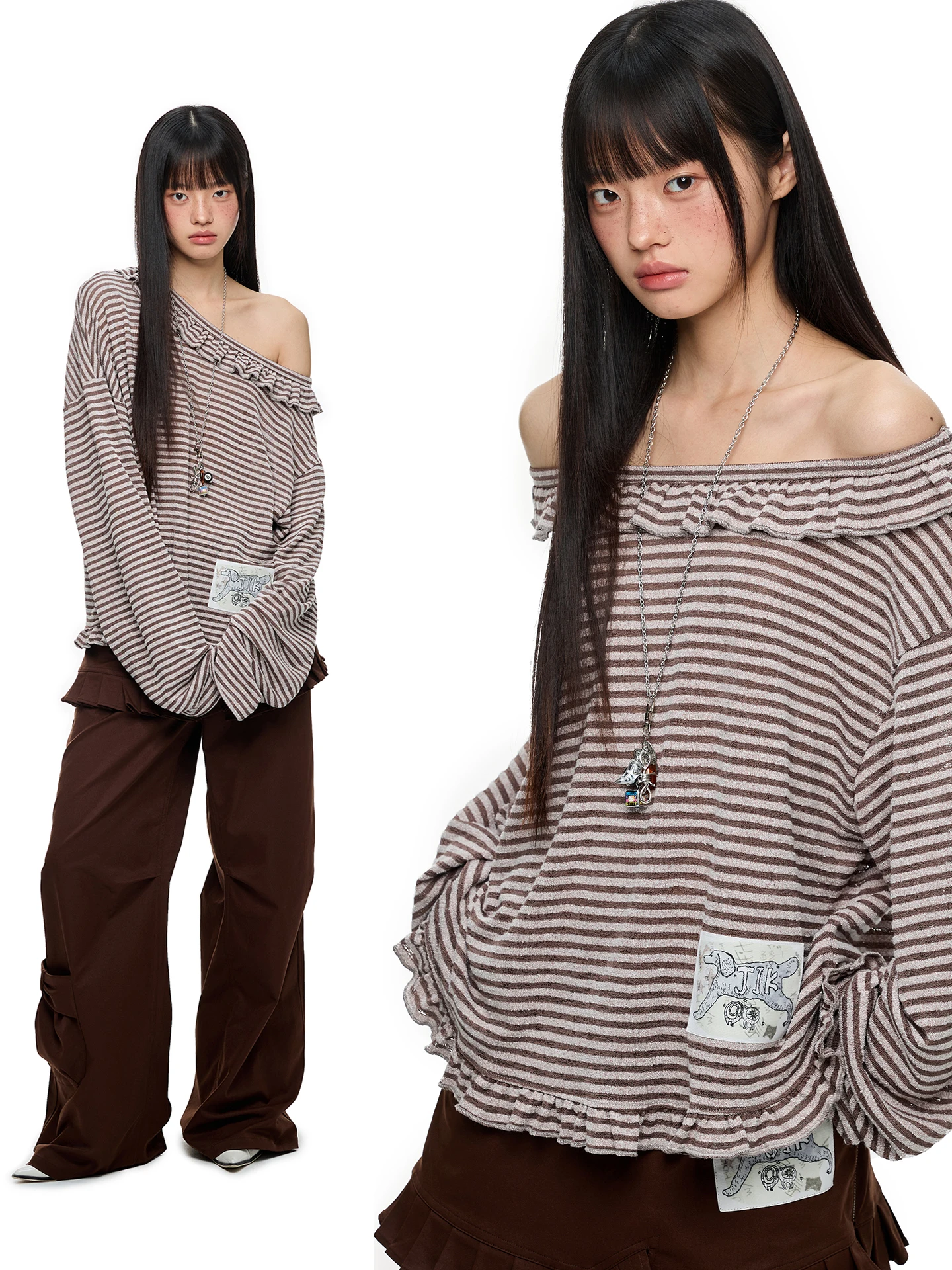 

JIKOO Spicy Girl Pattern Printed Long Sve Asymmetrical oulder T-irt Women's Summer Heatproof Cover up Street Sle Top