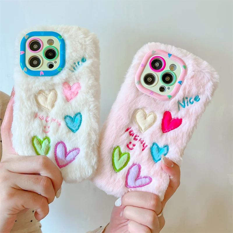 

Cute Embroidered Love Plush Phone Case For iPhone 16 Pro 12 14 Pro Max 15 Plus Cover Fur Fuzzy Silicone Cases with Stand Funda