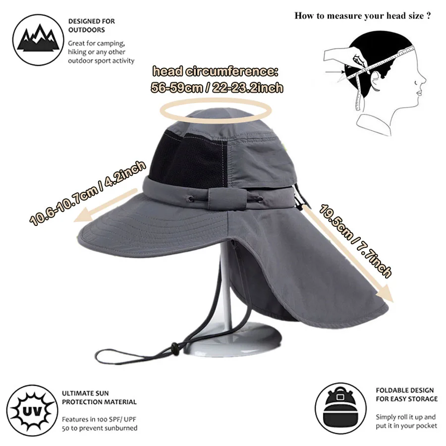 Mens Wide Brim Sun Hat with Neck Flap Fishing Safari Cap for Outdoor Hiking Camping Gardening Lawn Field Work