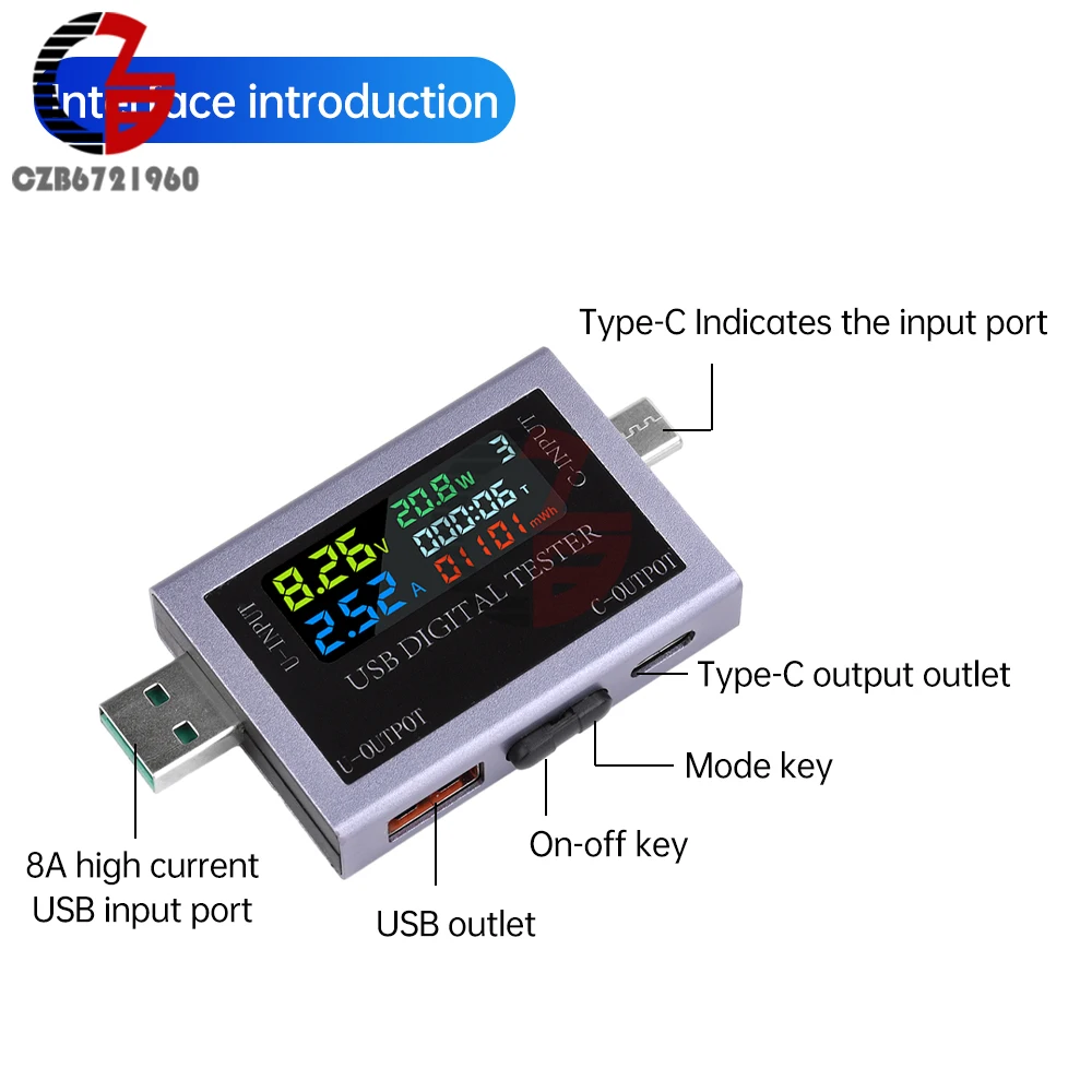 DC 4.5-50V 0-8A USB Type-C Tester Multi-function Digital Display Voltage Ammeter Power Meter DC Power Bank Charging Indicator