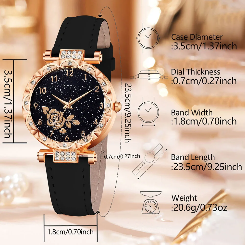 7PC Women's Watch Set Fashionable and Elegant Flower Element Dial Quartz Watch Bracelet Necklace Ring Earrings Set Perfect Gift
