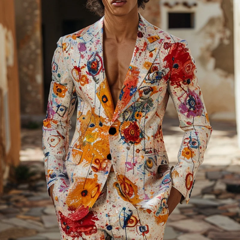 

New Design Mens 2 Piece Suit Oilpainting Graffiti Print Coat Top Two Buttons Casual Nightclub Slim Fit Suit No Slit No Tie