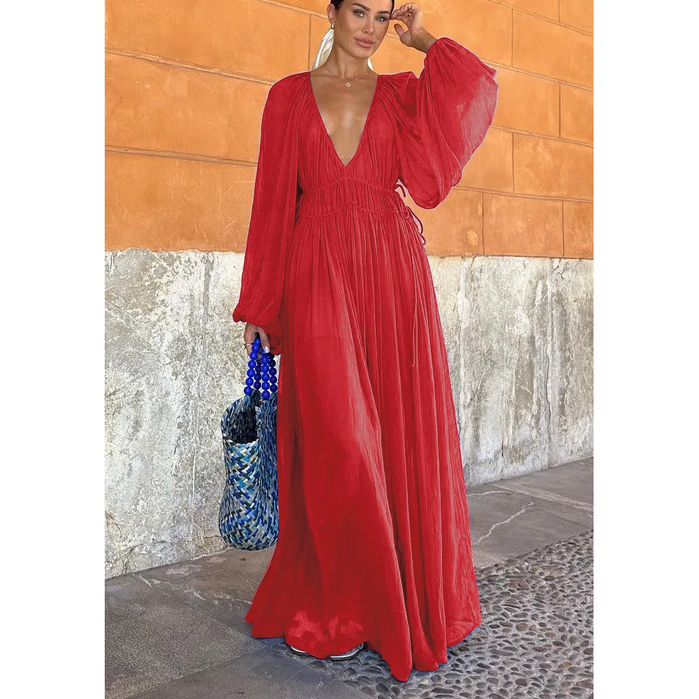 Sexy Deep V-neck Lace Up Chiffon Maxi Dress Women Pleated Party Spring Autumn High Waist Boho Long Dress Long Sleeve Dresses