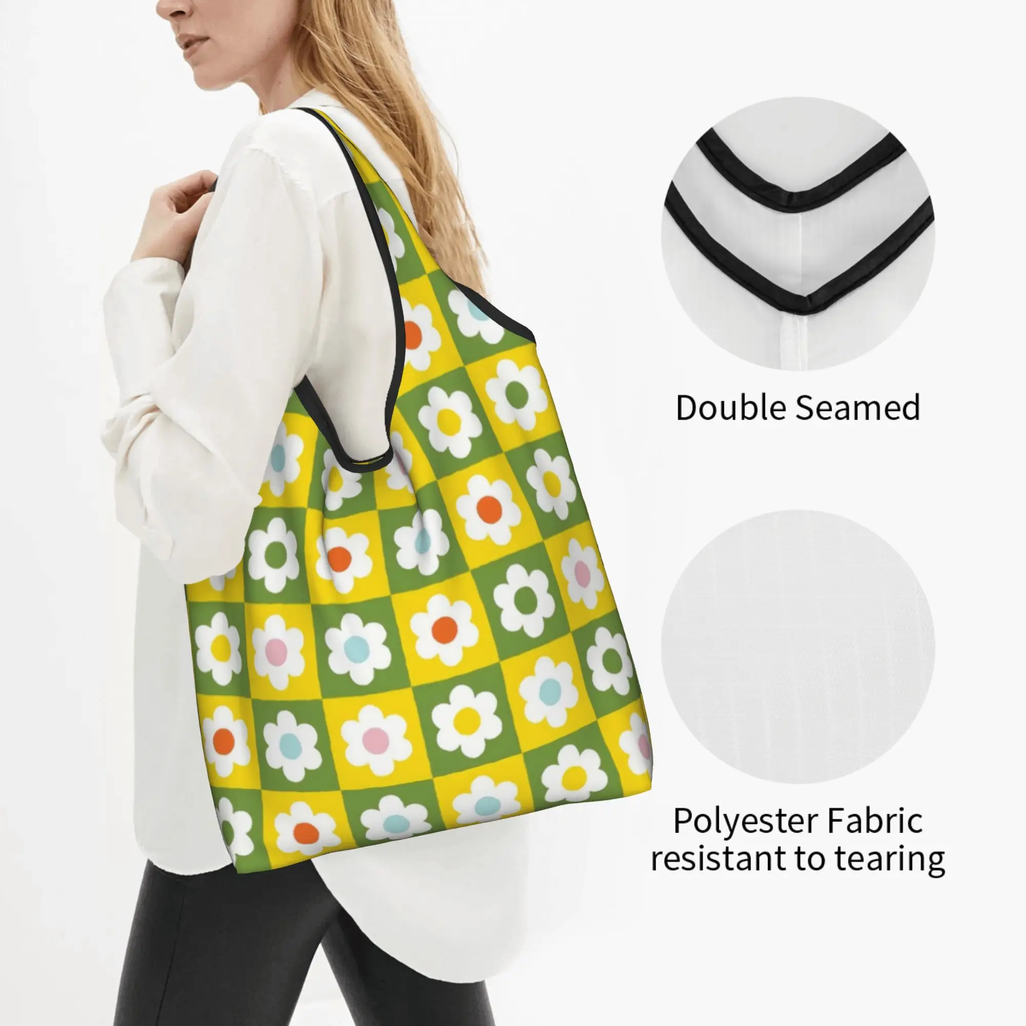 Daisies  Flowers Checkerboard  Groceries Tote Shopping Bags Fashion Yellow And Green Shopper Shoulder Bags Big Capacity Handbags
