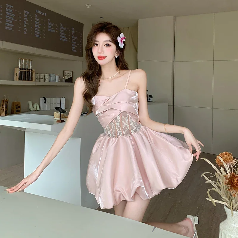 甘いきらめくサテンドレス、きらびやかなスカート、実際のショット、純粋な要求スタイル、高品質のセンス、小さなフォーマルなドレス、夏の新しいモデル