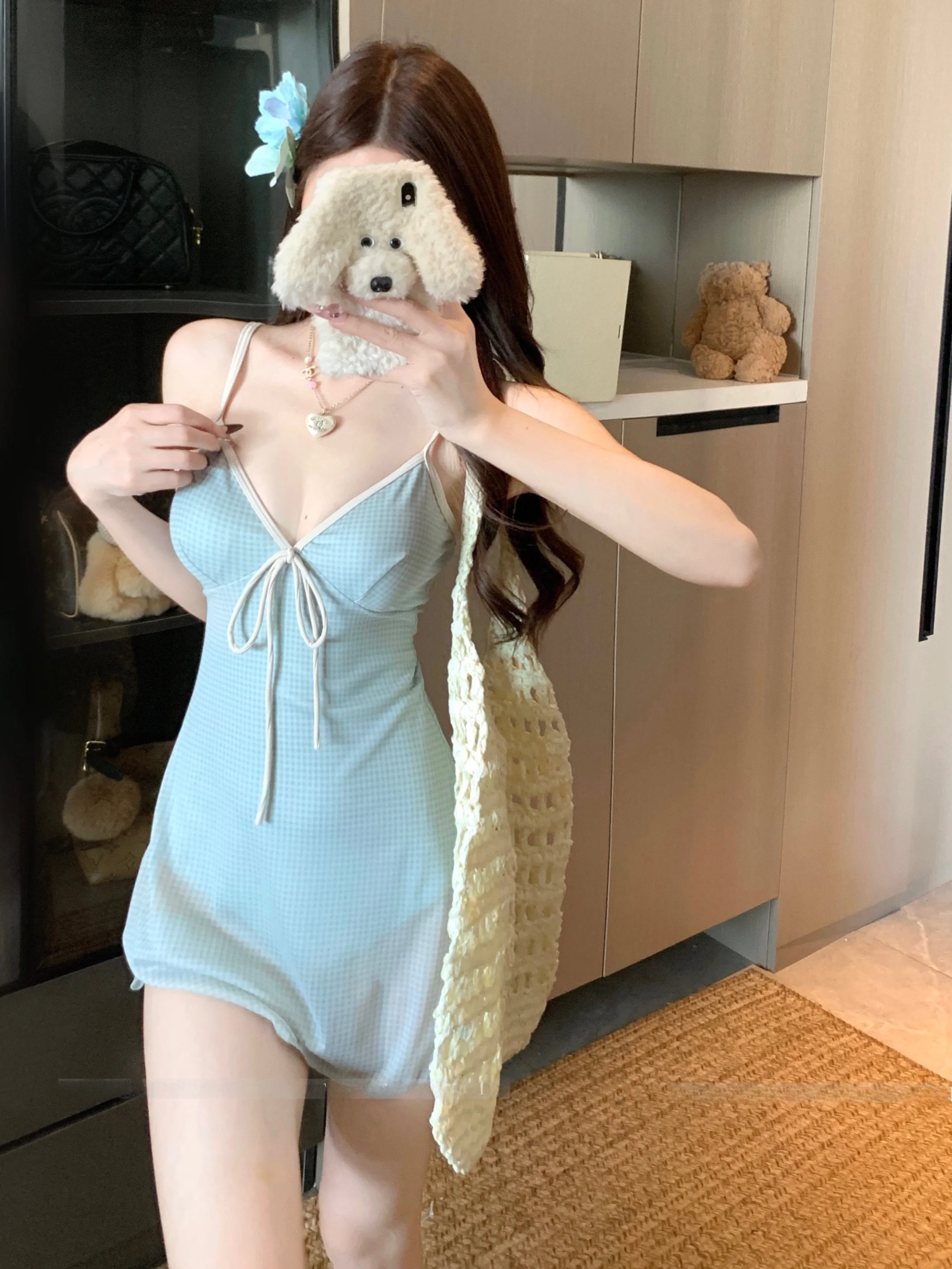Conservative Sexy Korean Style  Swimsuit for Women White Enhancing Plaid Patterned Thermal Spring Bathing Suit