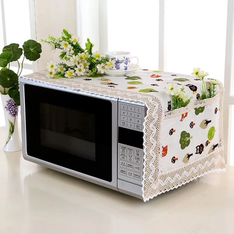 Microwave Oven Cover Printed Dustproof Cover With Storage Pocket Water Proof Electric Oven Satin Cloth Cover Towel Kitchen Decor