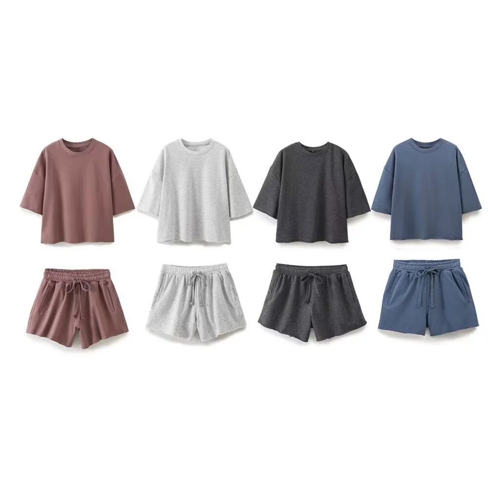 PB&ZA2024 Summer New Product Casual Women's Fashion Simple Round Neck Short sleeved T-shirt Fleece Shorts Set