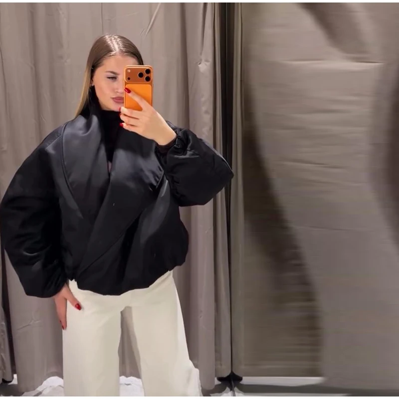 Modische Y2K Satin-Bomberjacke für Damen, Mauve, Puffärmel, Kurz geschnitten, Reißverschluss, Freizeitjacke, Frühjahr 2026, schicke Streetwear, Neu – Detail 12