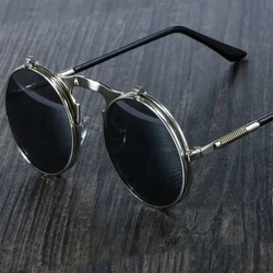 Steampunk Sunglasses Man Woman Retro Round Metal Flip Up Sun Glasses Male Female Double Circular Clear Lens Eyeglasses UV400