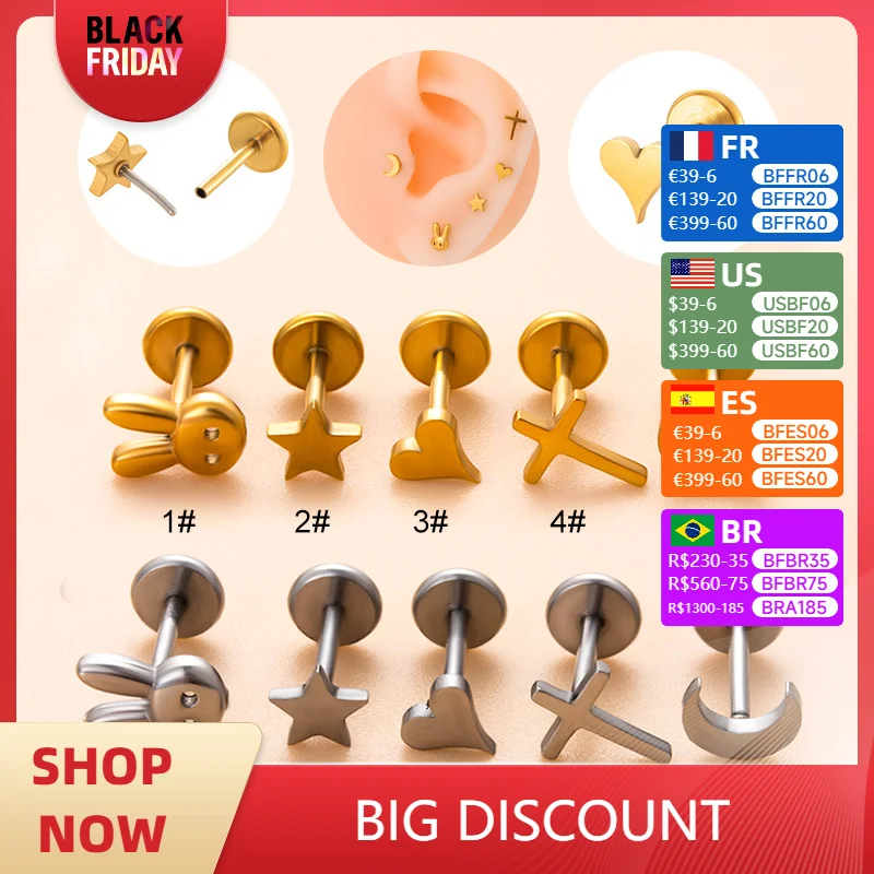 10Pcs Stainless Steel Piercing Jewelry Labret Stud Heart Pentagram Cross Insert Push-Pin Lip Stud Earring Lobe Helix Conch Daith