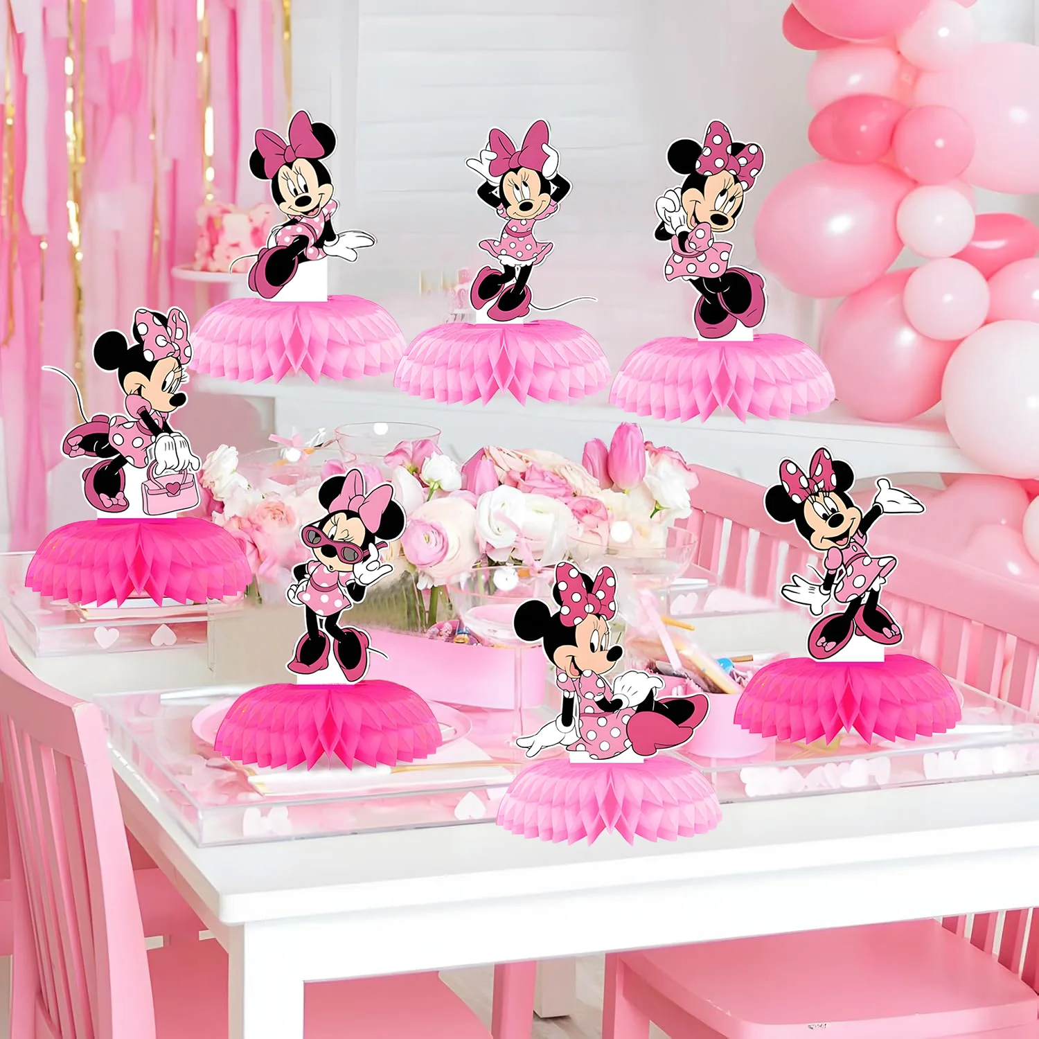 7 piezas de centros de mesa de panal de abeja de Minnie Mouse, adornos decorativos para pastel, suministros para fiestas de cumpleaños