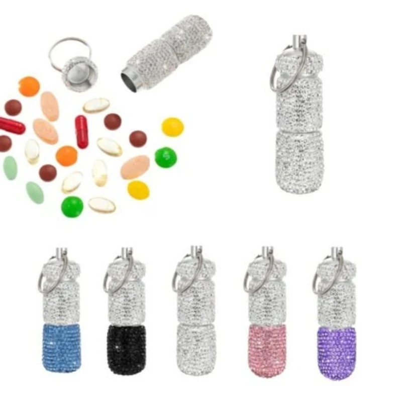 

Bling Keychain Pill Box 2 Compartments Small Travel Pill Case Organizer Crystal Diamond Medicine Bottle Pill Bottle Keychain