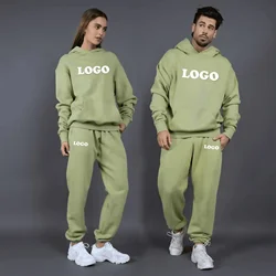 Custom logo autumn and winter cotton 60% polyester 40% plush and thickened men's and women's loose hooded sweater two-piece set