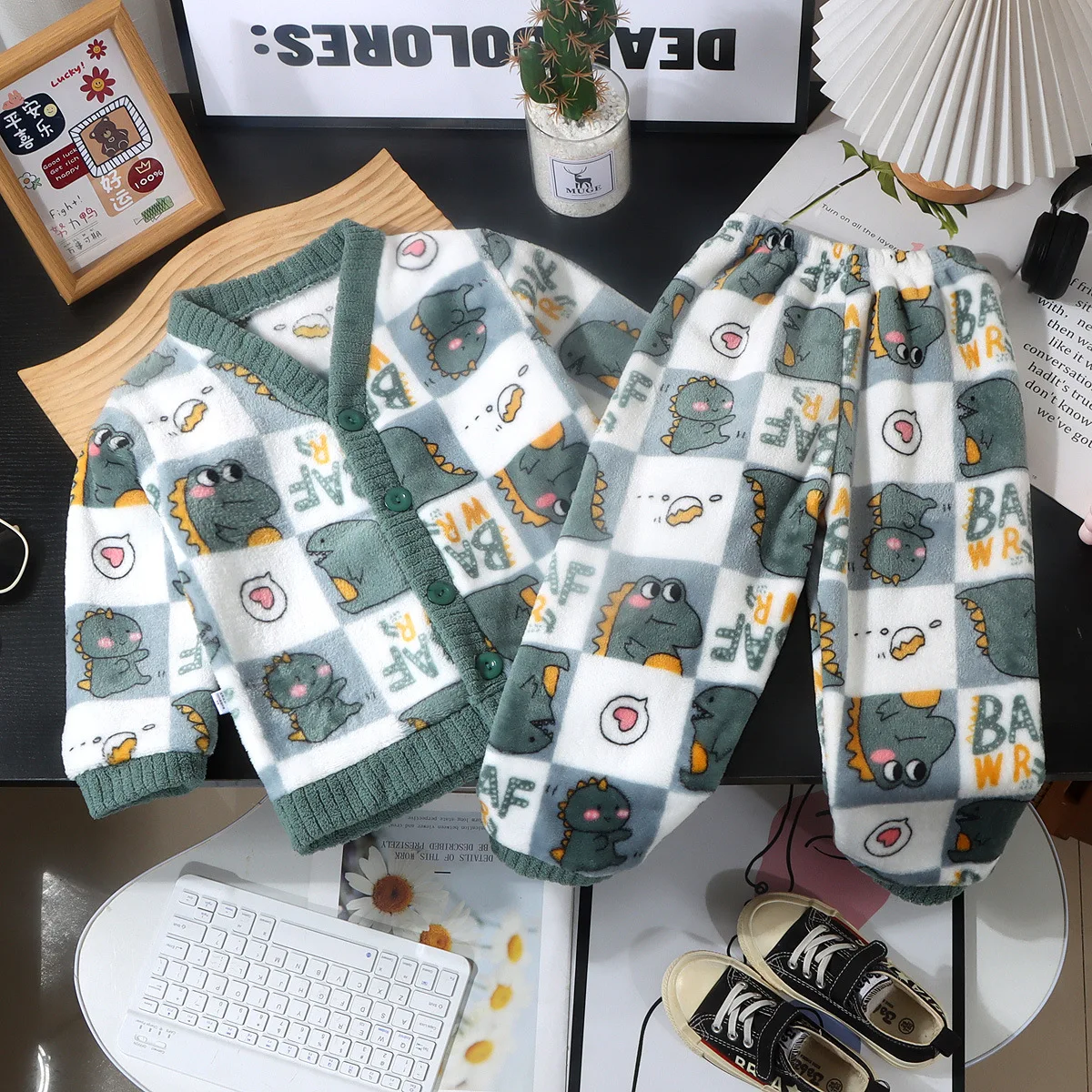 아동 가을 겨울용 두꺼운 따뜻한 플란넬 파자마 세트 아기 만화 곰 토끼 V넥 코트와 바지 남아 여아 캐주얼 홈웨어