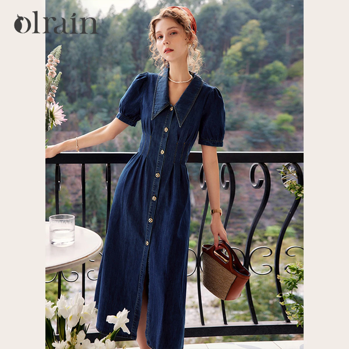 Vestido Midi de Mezclilla OLrain para Mujer, Primavera 2026, Francés con Cuello en V, Estampado Floral, Botones Metálicos, Cintura Alta, Estilo Vintage O22CL56063