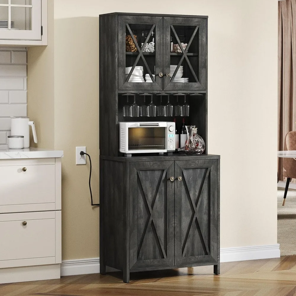 

Farmhouse Kitchen Pantry Cabinet, 67" Tall Storage Cabinet w/Acrylic Glass Doors and Glass Holder, Versatile Storage for Living