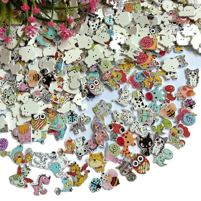 50pcs Wooden Buttons Cute cartoon Animals Shape Decorative Sewing Buttons 2 Holes Scrapbooking for Crafts DIY 20-38mm