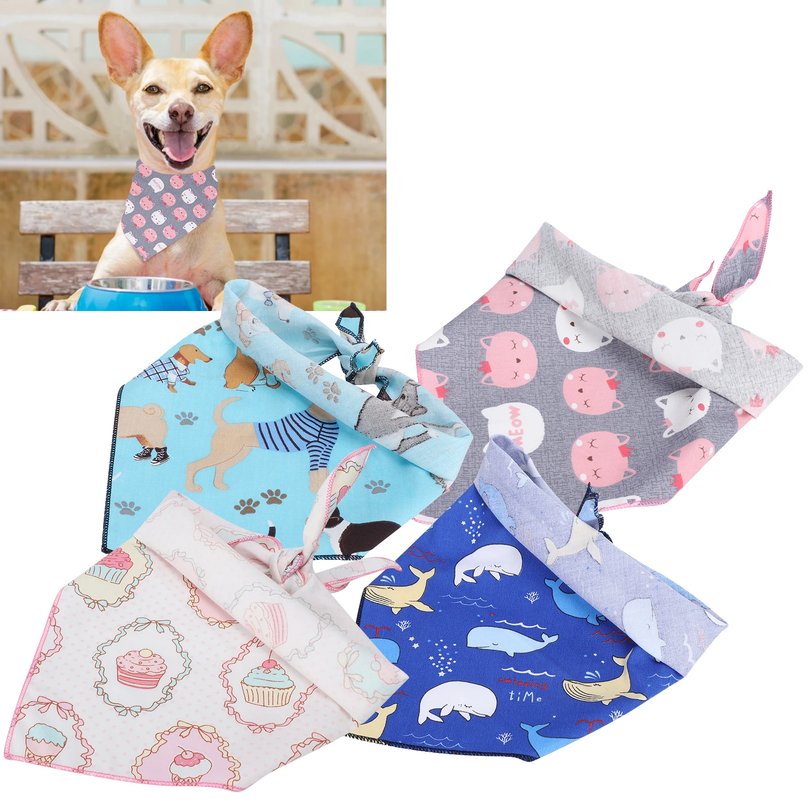 4Pcs Dog Neck Scarf Cotton Handkerchief Triangular Bib Washable Printing Style Pet Clothing