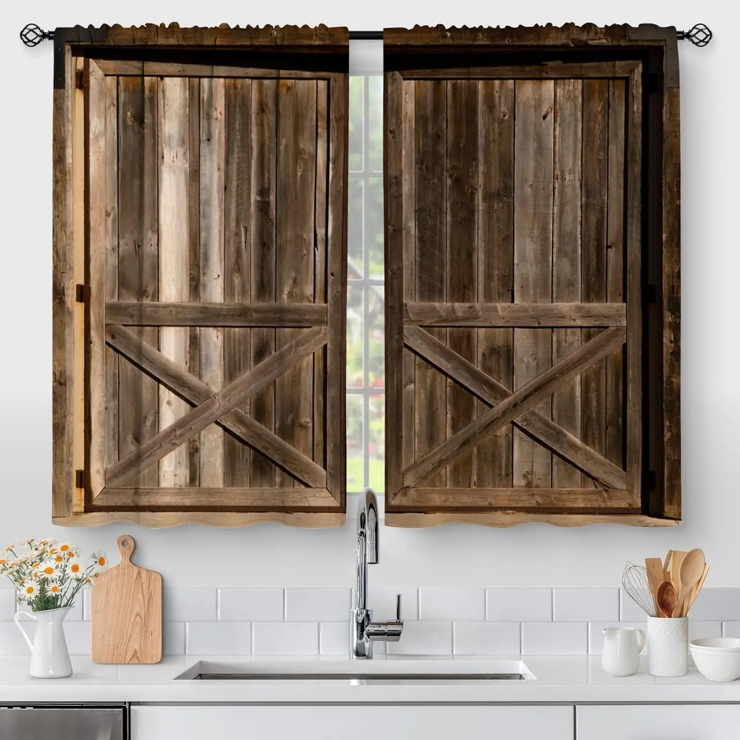 Farmhouse Wood Kitchen Curtains - Vintage Wooden Barn Door Country Small Short Tier Window Curtains for Bathroom Living Dining