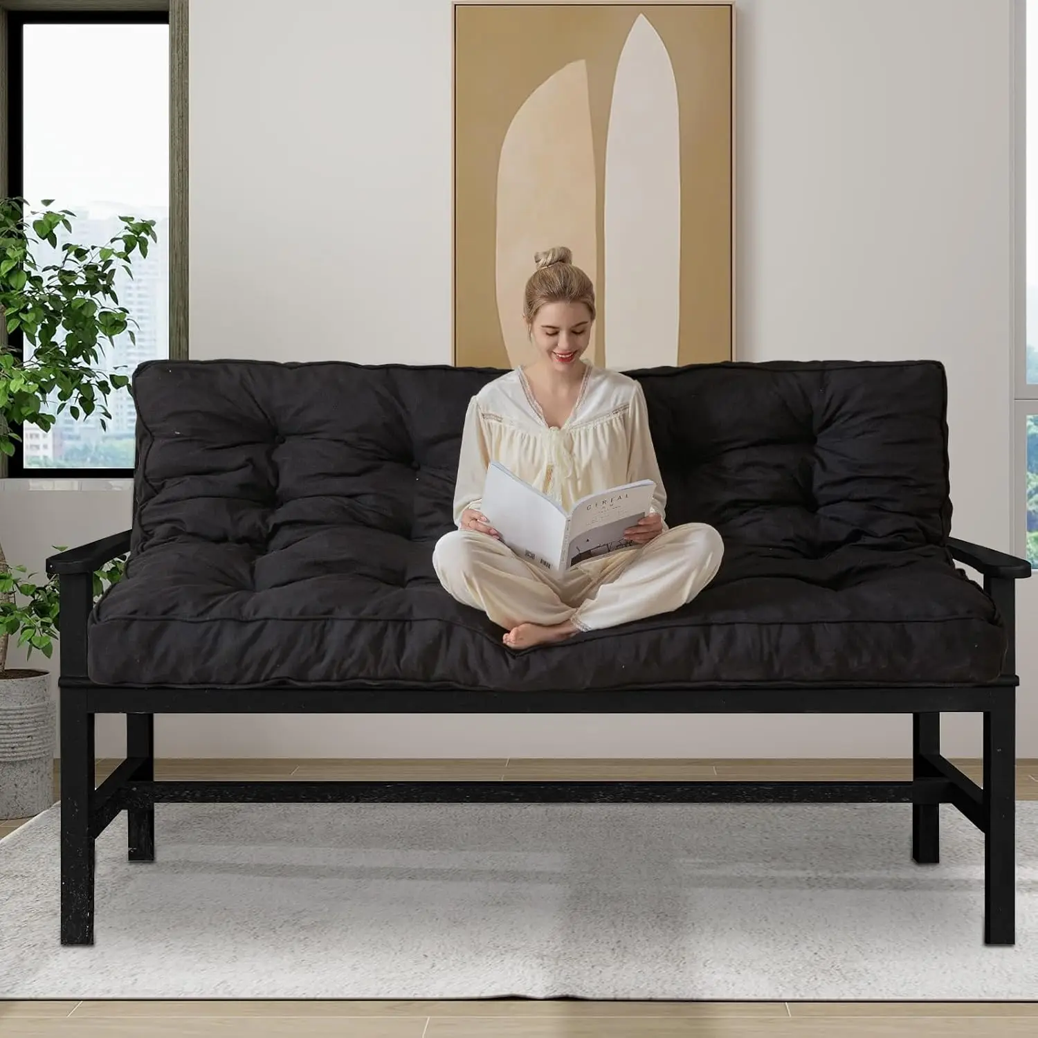 

6 Inches Thick Futon Mattress, Full Size, Black, Shredded Foam, Medium Firm, 54'x75', Frame Not Included