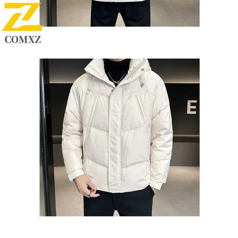 COMXZ New Men Short Hooded Down Jacket Puffer American style solid color Coat Top Waterproof Windproof outdoor sports Coat 2025